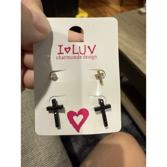 2 Pairs Cross Earrings Black Rhinestone Gold Tone and Diamond Stud Earrings 4PC - Picture 4 of 8